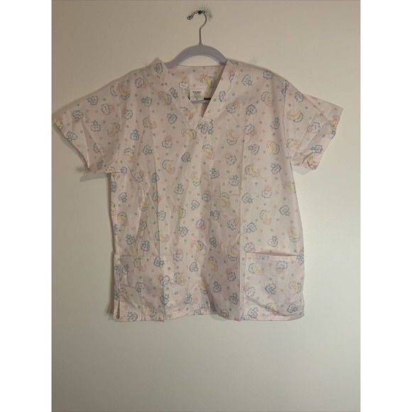 Tender Hearts Multi-Color Pink Moon V-Neck Scrub Top Medical Uniform Small - Picture 1 of 9